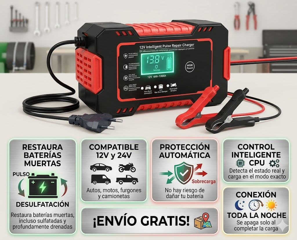 ⚡ CargaPro — Cargador Reparador de Baterías para Auto | 12V/24V | Recupera Baterías Muertas