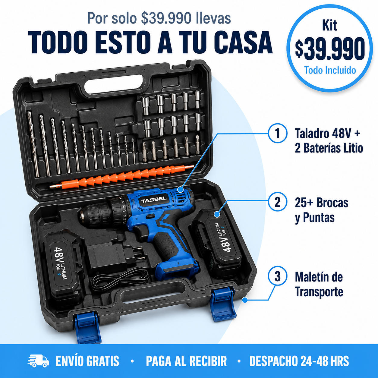 Taladro Inalámbrico Profesional 48V — Atornilla, Perfora y Construye Sin Cables