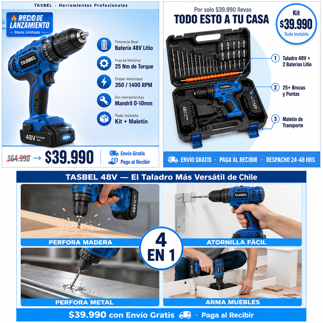 Taladro Inalámbrico Profesional 48V — Atornilla, Perfora y Construye Sin Cables