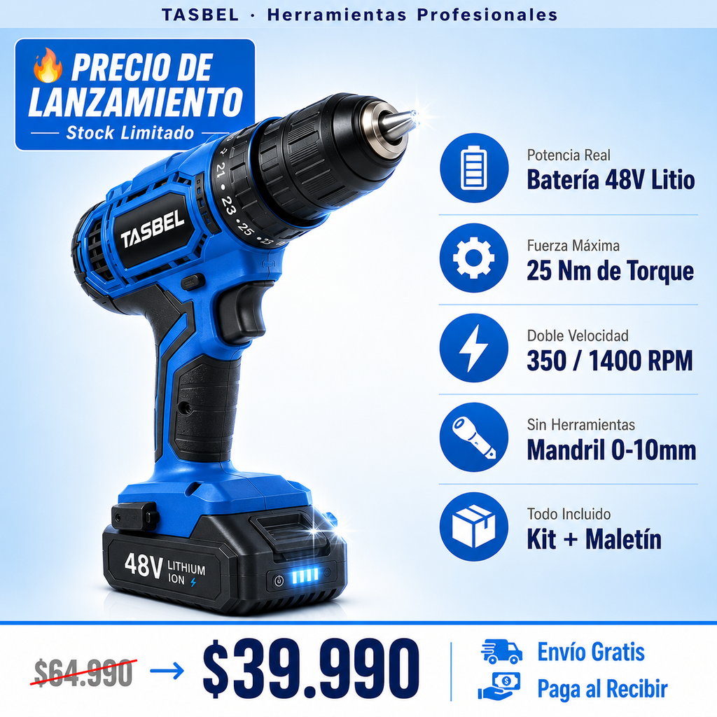 Taladro Inalámbrico Profesional 48V — Atornilla, Perfora y Construye Sin Cables