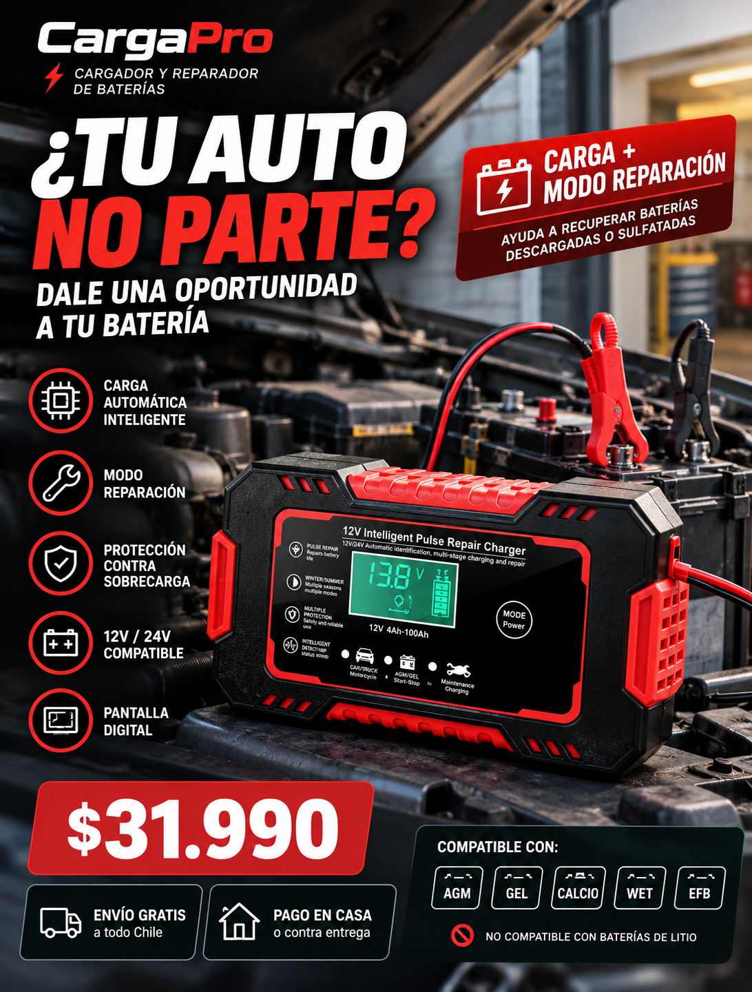 ⚡ CargaPro — Cargador Reparador de Baterías para Auto | 12V/24V | Recupera Baterías Muertas