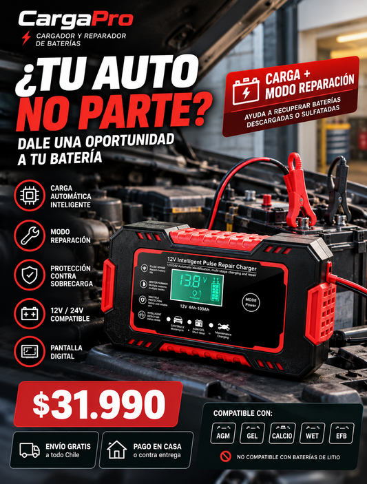 ⚡ CargaPro — Cargador Reparador de Baterías para Auto | 12V/24V | Recupera Baterías Muertas